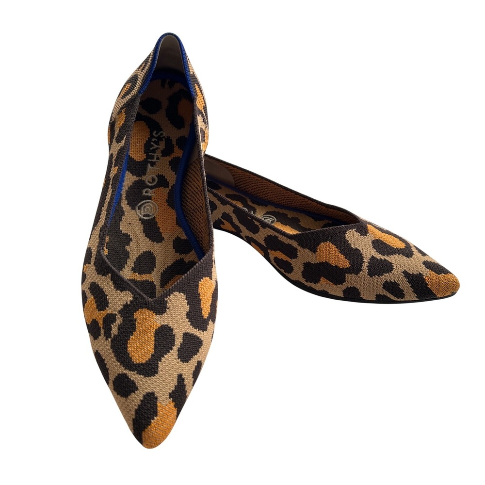 Rothy's The Point Women Leopard Print Pointed Toe Knit Flats Excellent Brown